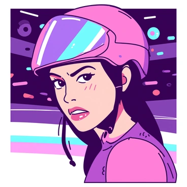 A close-up portrait of a skater wearing a vibrant helmet and protective gear, showcasing an expression of intense focus and determination. The skater's eyes are narrowed, and their brow is furrowed, emphasizing their grit. The background features a blurred arena filled with colorful lights reflecting off the skater's gear. Beads of sweat are visible on their forehead, indicating the effort and energy put into the sport. The skater's colorful uniform contrasts vividly with the protective gear, highlighting the dynamic nature of roller derby.