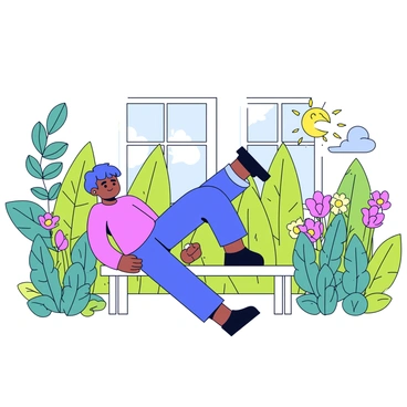 A person performing leg extensions in a hidden garden. The individual is focused, with one leg extended upward while sitting on a simple bench. The garden features vibrant green foliage, with tall plants and colorful flowers surrounding the area. Sunlight filters through the leaves, casting soft shadows on the ground.