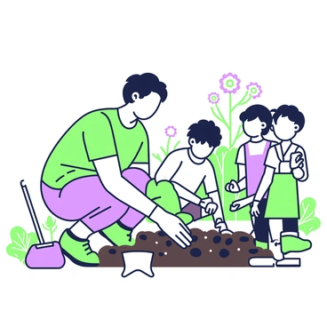 A man is kneeling in a vibrant community garden, assisting children with planting seeds. He has short, wavy hair and is wearing a green t-shirt with gardening gloves. The children, two boys and a girl, are gathered around him, each holding small packets of seeds. The garden is filled with various plants, with rows of soil clearly marked for planting. In the background, there are garden tools like a small shovel and watering can resting on the ground. A few colorful flowers are blooming nearby, adding detail to the scene.