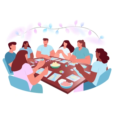 A group of friends is sitting around a wooden table covered with a colorful tablecloth. Various board games are spread out in front of them, with game pieces, dice, and cards scattered around. The friends are engaged in the game, with some reaching for snacks placed in bowls in the center of the table. There are chips, popcorn, and fruit arranged artfully. The atmosphere is lively, and cheerful colors fill the scene, reflecting the joy of the gathering. Behind them, decorative string lights are glowing softly, adding to the warm ambiance.