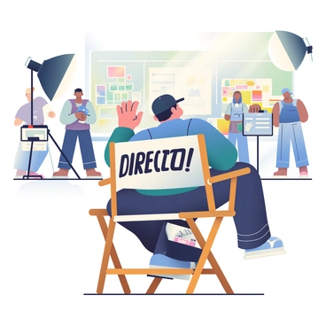 A director with short black hair is sitting in a classic wooden director's chair on a film set. The chair has a white canvas seat and backrest, displaying the word "DIRECTOR" in bold black letters. The director is wearing a black baseball cap, a blue denim jacket, and dark jeans. He is leaning forward slightly, with one hand raised as he energetically shouts the word "Action!" The film set behind him is bustling with crew members, camera equipment, and large softboxes illuminating the scene. There are colorful movie posters lining the walls, and a clapperboard is positioned nearby, ready for the upcoming shot.