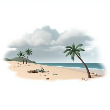 A tropical island scene after a storm, featuring a sandy shore dotted with scattered debris. Palm fronds are strewn across the ground, some broken and others still clinging to their trunks. The ocean waves crash gently against the beach, with a few remnants of driftwood partially buried in the sand. The sky above is a mix of gray and blue, with lingering clouds slowly dissipating, revealing hints of sunlight. In the background, a few tall palm trees stand swaying lightly in the breeze, their leaves glistening with moisture.