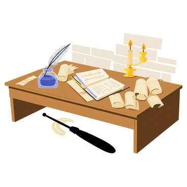 A wooden desk with a dark finish, cluttered with artifacts from Seneca's time. On the desk, there is a polished inkwell made of glass, filled with deep blue ink. A beautifully crafted quill with intricate feather details is resting beside the inkwell. Scattered across the desk are several rolled parchment sheets with faint writing, and an open book with yellowed pages sits prominently in the center. A small brass candle holder with a lit candle casts a soft glow, illuminating the items and creating a cozy atmosphere. In the background, a faint shadow of a stone wall adds depth to the scene.