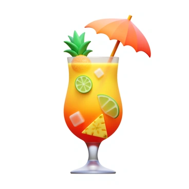 A tropical cocktail served in a tall glass with a paper umbrella perched on top. The glass is filled with a vibrant, colorful beverage, showcasing shades of orange and yellow. There are slices of fresh pineapple and lime floating on the surface of the drink, adding a decorative touch. The setting includes a few ice cubes visible through the glass, and a faint condensation appears on the outside, indicating the chill of the drink.