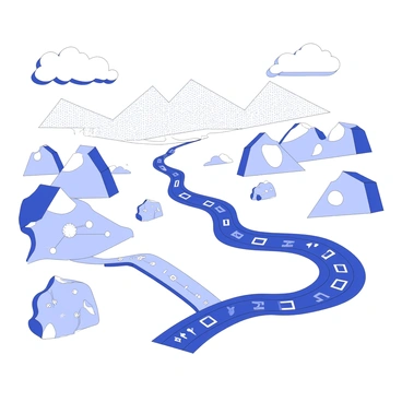 A digital landscape features a river flowing seamlessly through the scene. The river is made up of streams of data that appear as a series of binary code cascading down the banks. Along the riverbanks, there are stylized rocks resembling circuit boards, with lines and nodes representing electronic connections. Above the river, there are clouds formed from pixelated shapes, and in the background, mountains rise up, composed of layered geometric patterns. The overall composition conveys a harmonious blend of nature and technology.