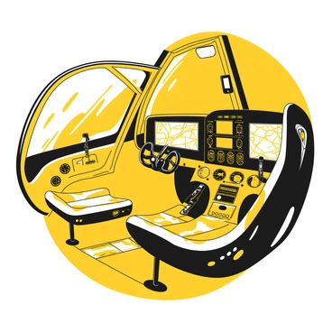 A close-up view of a private helicopter's cockpit filled with an array of high-tech controls and screens. The cockpit features an intricate dashboard displaying various gauges and digital interfaces. Sleek control sticks and buttons are positioned prominently, with illuminated indicators showing vital flight information. The screens exhibit detailed maps and telemetry data. The overall design is modern and sophisticated, with sharp lines and a streamlined layout.