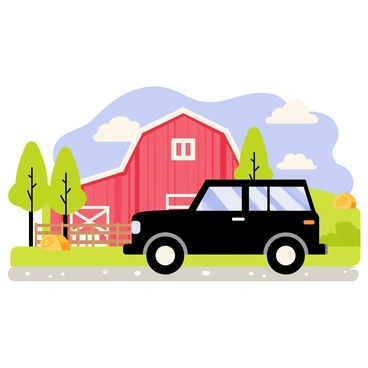 A black G-Wagon parked on a gravel path in front of a rustic farm. The background features a red barn with white trim, surrounded by green fields and a few scattered hay bales. A wooden fence runs along the side of the barn, and a blue sky is visible with fluffy white clouds. Several trees provide shade near the barn, enhancing the pastoral setting.