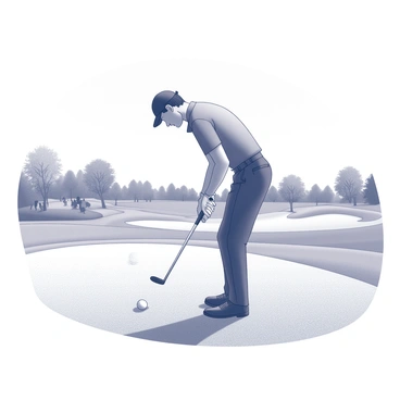 A golfer is standing on a well-maintained green, poised to take a putt. His body is slightly bent forward, showing concentration and determination. He has a golf club in his hands, gripping it firmly as he lines up the shot. His eyes are locked onto the ball, reflecting his intense focus. The background features a golf course with neatly trimmed grass and a few spectators observing the tournament. The sky above is clear, adding to the atmosphere of the championship event.