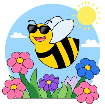 A cheerful cartoon honeybee with bright yellow and black stripes. The honeybee is wearing stylish black sunglasses with shiny lenses. It has large, expressive eyes and a wide, happy smile. Surrounding the honeybee are colorful flowers in full bloom, showcasing hues of pink, purple, and blue. The sun shines brightly in the clear blue sky, with a few fluffy white clouds floating by. The honeybee is buzzing joyfully above the flowers, with its tiny wings flapping rapidly.