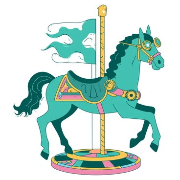 A teal carousel horse adorned with intricate steampunk elements is standing proudly on a colorful carousel. The horse is equipped with shiny brass goggles perched on its head, reflecting light. Its saddle is decorated with small gears and cogs, which are intricately designed and metal-toned. The mane of the horse is flowing, interwoven with strands of copper wires that twist and turn, adding to its mechanical charm. The carousel structure surrounding the horse is vibrant, featuring various colors and patterns that complement the teal and brass elements, creating a lively scene.