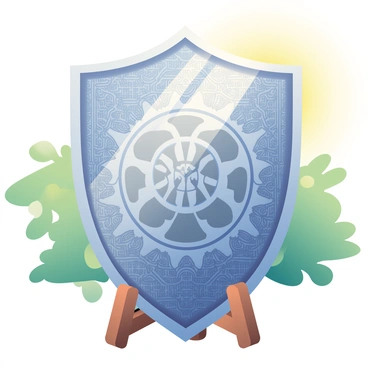 A metallic shield with intricate designs is displayed prominently in the center. The Elric brothers' symbol is etched deeply into the surface of the shield, revealing its detailed craftsmanship. The shield glistens as sunlight reflects off its polished surface, creating highlights that enhance the contours of the symbol. Surrounding the shield is a simple wooden stand that holds it upright. The background features a soft blur of greenery, suggesting an outdoor setting where the sun casts a warm glow.