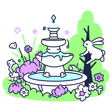 A garden scene filled with various types of blooming flowers in abundance. At the center, there is a tiered fountain made of stone, with water flowing gently from the top tier to the bottom. Surrounding the fountain, there are playful animals such as a rabbit hopping near the edge of the fountain and a squirrel climbing a nearby tree. Butterflies can be seen fluttering among the flowers, adding to the lively atmosphere. The scene is bathed in natural light, highlighting the vibrant colors of the flowers and the shimmering water of the fountain.