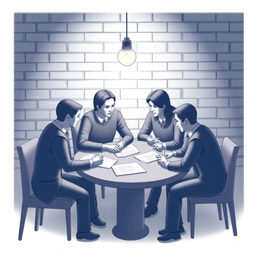 A dimly lit basement with exposed brick walls. A small, round wooden table sits at the center, surrounded by four individuals, all dressed in dark clothing. The figures lean in closely, their faces partially obscured by shadows. Each person is engaged in a hushed conversation, their expressions serious and intent as they share ideas. Papers and documents are scattered across the table, with one individual gesturing towards them. A single flickering light bulb hangs from the ceiling, casting an uneven glow over the scene, adding to the secretive atmosphere.