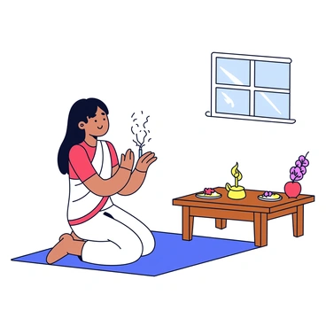 A Bengali girl dressed in a traditional white sari with red borders is performing morning prayers. She is kneeling on a simple mat in front of a small wooden altar. In her hands, she holds a pair of incense sticks, which are emitting gentle wisps of fragrant smoke. The altar is adorned with a few small flowers and a simple oil lamp. Sunlight is filtering through a nearby window, casting soft shadows around her.