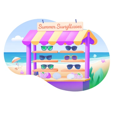 A beachside stall displaying a colorful array of summer sunglasses arranged neatly on wooden shelves. Each pair of sunglasses features different styles, including aviators, round frames, and oversized designs. The stall is adorned with a bright, striped canopy providing shade, and is decorated with seashells and starfish to enhance the beach theme. In the background, the ocean waves gently lap against the shore under a clear blue sky, with a few beachgoers relaxing on the sand. Hanging above the stall is a sign that reads "Summer Sunglasses Sale" in cheerful letters.