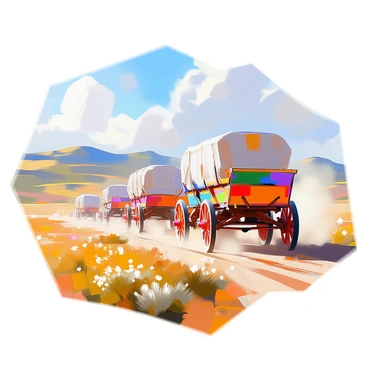 A colorful caravan of wagons is traveling across a vast ranch landscape. Each wagon is distinctively painted in vibrant colors, showcasing intricate designs. The wheels of the wagons are wooden and sturdy, dust billowing up from the ground as they move. In the background, rolling green hills stretch towards the horizon under a clear blue sky. A few scattered wildflowers bloom in the foreground, adding to the vibrancy of the scene. The sun casts warm light, creating a lively atmosphere as the caravan makes its journey.