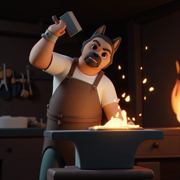 A dog-man, with features resembling a large dog, stands at an anvil in a dimly lit forge. He is muscular and wears a leather apron over a rugged shirt. His fur is a mix of brown and black, and he has a determined expression on his face as he concentrates on his work. In one hand, he holds a heavy hammer, raised high, ready to strike the glowing piece of metal lying on the anvil. The forge is filled with tools hanging on the walls, and a bright fire blazes in the background, casting flickering shadows around the scene. Sparks fly as the hammer meets the metal, illuminating the dog-man’s focused expression.