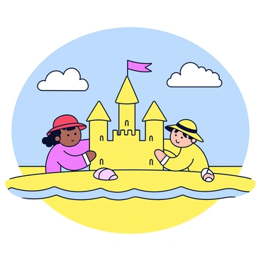 Two best friends are building a sandcastle at the beach. One friend is wearing a red bucket hat, while the other is in a yellow sun hat. The sandcastle is tall with a flag on top and several towers. Small seashells are scattered around the base of the sandcastle. The beach has golden sand and gentle waves lapping at the shore. Above, there is a bright blue sky with a few fluffy white clouds.