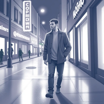 A man named Martin Eden is walking through a city at night. The streets are lined with tall buildings, and streetlights cast a warm glow on the pavement. Neon signs in various shapes and sizes advertise nearby establishments, reflecting off the wet surfaces of the street. Martin is dressed in a casual jacket and has a contemplative expression as he navigates the bustling urban environment. Shadows from the buildings create dramatic contrasts, adding depth to the scene.