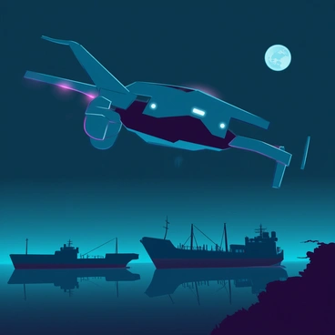 A sleek navy drone equipped with advanced night vision technology is flying low over a darkened harbor. The drone has a matte black exterior with sharp edges and integrated lights that faintly illuminate its surroundings. Below, the harbor is filled with silhouettes of large cargo ships and fishing boats, their outlines barely visible against the night sky. The water reflects the dim light from the moon, adding a subtle shimmer to the scene. The atmosphere is tense and watchful, emphasizing the drone's surveillance mission.