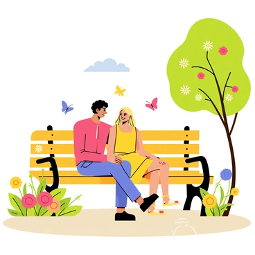 A couple sitting on a wooden park bench under a clear blue sky. The couple consists of a man with curly black hair wearing a red shirt and a woman with long blonde hair in a yellow dress. They are smiling at each other, sharing a moment together. Lush green trees with colorful flowers surround the bench, including blooming daisies and roses in various hues of pink and yellow. A winding path runs beside the bench, and a few butterflies are fluttering near the flowers, adding life to the vibrant nature scene.
