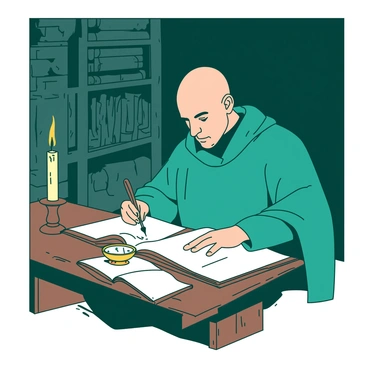A teal monk with a shaved head is seated at a wooden desk in a dimly lit scriptorium, focused on copying texts. The desk is cluttered with parchment, a small inkwell, and a quill in the monk’s right hand. To the left, there is a flickering candle casting soft shadows across the room, illuminating the monk's concentrated expression. Behind him, there are tall wooden shelves filled with scrolls and books. The walls are made of rough stone, adding to the atmosphere of the medieval setting. The light from the candle creates a warm contrast with the monk's teal robes.