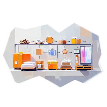 A visual map illustrating a supply chain, beginning with "raw materials" at the left side, represented by an array of elements like "wood logs", "metal ores", and "cotton bales". These materials lead to various "manufacturing stages" in the center, showcasing processes such as "cutting", "assembling", and "packaging". Each stage is connected by arrows, demonstrating the flow of materials. On the right side, "finished products" are displayed, including items like "furniture", "electronics", and "clothing". The entire map is structured clearly, allowing for a straightforward understanding of the supply chain process.