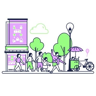 A busy city street filled with people walking in various directions. On the left, there are several small shops with displays in their windows. A tall building with a large sign is visible above the shops. In the foreground, a group of five people are chatting, while a child runs past them holding a balloon. On the right side of the street, a street vendor is selling snacks, with a small cart and an umbrella. A bicycle leans against a lamppost nearby.