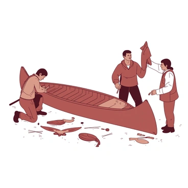 A group of Inuit craftsmen is gathered around a partially constructed canoe made of wooden planks and stretched animal skins. One craftsman is shaping a wooden piece with a hand tool while another is carefully stitching together the animal skins to cover the canoe's frame. A third craftsman stands nearby, holding up a piece of animal hide, inspecting it for quality. The scene is set against a backdrop of snow-covered ground, with tools and materials scattered around, indicating an active and collaborative environment.