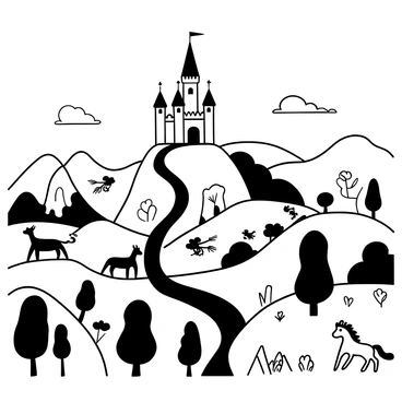 A towering castle sits on a hill, its spires reaching into the sky. Surrounding the castle is a lush landscape filled with rolling hills and a winding river. In the foreground, a king stands on a balcony, looking out over his realm. He is dressed in regal attire, with a flowing cape and a crown atop his head. Various creatures, such as horses and birds, can be seen roaming in the fields below. The scene is filled with trees and shrubs, providing depth to the landscape. A sense of grandeur pervades the image, emphasizing the king's dominion over the expansive territory.