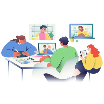 A group of three students is participating in a virtual illustration class from their home studios. The first student, a girl with long brown hair tied in a ponytail, is sitting at a white desk with a digital tablet and stylus. She is wearing a blue sweatshirt and has a focused expression while looking at her laptop. The second student, a boy with glasses and short black hair, is at a wooden table cluttered with art supplies, sketchbooks, and colored pencils. He is wearing a green t-shirt and is listening attentively, with his earbuds visible. The third student, a young woman with curly red hair, is in a cozy corner with a large window and plants in the background. She is wearing a yellow hoodie and is sketching on a tablet, appearing engaged and inspired. Each student has their screen showing the class interface with a digital instructor presenting on the laptop.