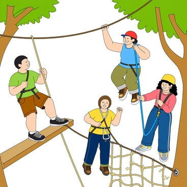 A group of four friends, two males and two females, are smiling and laughing as they navigate a treetop adventure park. One male, with dark hair and wearing a green t-shirt and cargo shorts, is gripping a thick rope while balancing on a narrow wooden beam above the ground. The second male, sporting a red cap and a blue tank top, is zipping down a bright blue zip line. One female has curly hair and is wearing a yellow helmet, enthusiastically climbing a net made of ropes. The other female, with long straight hair, is adjusting her harness while standing on a platform secured among the trees. The background features green leaves and branches, creating a vibrant atmosphere.