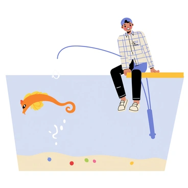 A fisherman wearing a blue hat and a plaid shirt is sitting on a wooden dock. He has a content expression as he leans slightly over the edge, peering into the clear water below. In the water, a vibrant orange seahorse is gracefully swimming, its curled tail and intricate fins visible. Surrounding the seahorse are small, colorful pebbles on the sandy bottom. The sun casts gentle ripples of light across the water’s surface, enhancing the clarity of the scene.