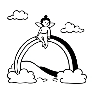 A cherub with delicate wings is perched on the arch of a rainbow. The cherub is casually holding onto the rainbow as it curves across the sky. The rainbow displays a spectrum of arcs above a scenic landscape below. Fluffy clouds float around the rainbow, adding depth to the sky. The scene captures a sense of whimsy and joy.