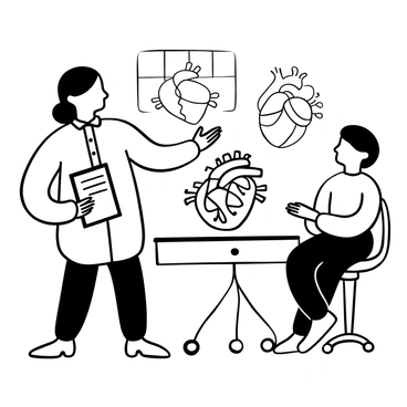 A doctor wearing a lab coat is standing next to a model heart on a table. The model heart is detailed, showcasing the various chambers and blood vessels. The doctor is gesturing with one hand towards the model, while holding a clipboard in the other hand. The patient is sitting on a chair, looking attentively at the model heart. There are anatomical diagrams of the heart on the wall in the background.