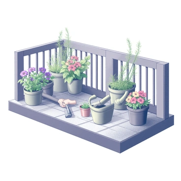 A small balcony with a wooden railing and a decorative tile floor. There are several pots and containers arranged on the balcony, some with various herbs such as basil and rosemary, and others with colorful flowers like geraniums and petunias. A pair of hands is seen gently planting a new seedling in one of the pots. Garden tools, such as a trowel and watering can, rest nearby. The scene captures the vibrant life of a balcony garden filled with lush greenery and blooming flowers.