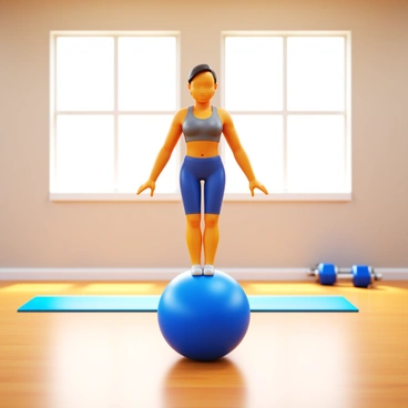 A person with a focused expression balancing on a large stability ball. The individual is wearing athletic clothing and appears to be in a dynamic pose, with arms extended for balance. The setting is a minimalist fitness studio, featuring light-colored walls and hardwood flooring. There are few simple, modern fitness equipment pieces, like dumbbells and mats, neatly arranged in the background. Natural light streams in through large windows, enhancing the clean and open atmosphere of the space.
