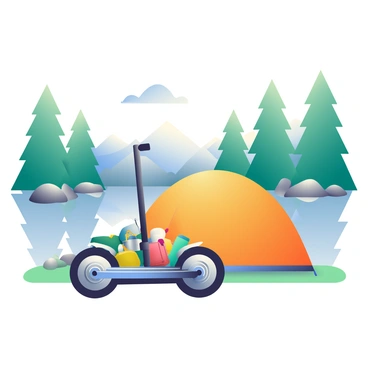 A Segway with a black frame is parked in front of a tent. The Segway is loaded with camping gear, including a green sleeping bag, a silver cooking pot, and a yellow backpack. The tent is a bright orange dome style, set up on the grassy ground. In the background, there is a calm lake reflecting the clear blue sky, surrounded by tall green trees. A few rocks are scattered near the water's edge, and there are distant mountains visible on the horizon.