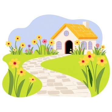 A picturesque pathway made of cobblestones leads through a vibrant scene. The pathway is flanked by blooming "daffodils" in bright yellow, creating a cheerful atmosphere. At the end of the pathway stands a quaint "cottage" with a thatched roof and wooden window frames. The cottage is surrounded by a lush garden filled with various colorful flowers. A clear blue sky provides the backdrop, completing this charming landscape.