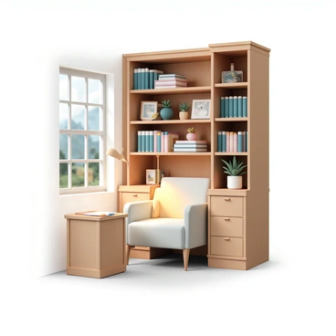 A cozy study nook featuring a large wooden bookshelf filled with various books. The shelves are neatly organized, with some books stacked horizontally and others vertically, alongside decorative items such as small plants and photo frames. In the center of the nook, there is a comfortable armchair upholstered in soft fabric, with a built-in lamp beside it casting warm light onto a small wooden side table. The table holds a notepad and a pen, creating an inviting atmosphere for focus and concentration. Natural light streams in through a nearby window, illuminating the space.