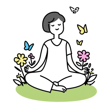 A serene scene of a woman meditating in a blooming garden, surrounded by butterflies and birds.