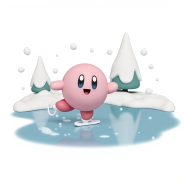 Kirby, a round pink character with large expressive eyes and small limbs, is ice skating on a frozen pond. He is gliding effortlessly across the smooth, reflective ice surface, leaving a trail behind him. Snowflakes are gently falling from the sky, creating a whimsical atmosphere around him. The landscape is adorned with white snow covering the edges of the pond, and a few snow-covered trees can be seen in the background. Kirby is smiling joyfully as he balances on one leg, with his arms raised slightly for stability.