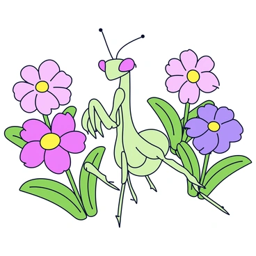 An orchid mantis with a light green color and delicate pink highlights sits gracefully among blooming spring flowers. The flowers include various shades of pink, purple, and yellow, with soft petals that gently curve. Bright green leaves surround the flowers, creating a lush background. The mantis’s limbs are outstretched, showcasing its intricate and detailed body structure. The overall scene illustrates a lively and vibrant spring atmosphere.