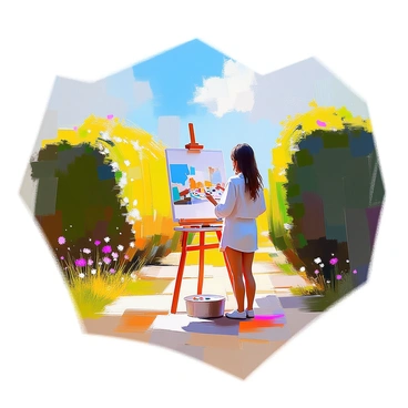 An artist with medium skin and long, dark hair is standing in front of an easel, focused on painting a landscape scene. The landscape features a beautifully shaped hedge, lush and green, with well-defined edges catching the sunlight. The clear blue sky stretches above, dotted with a few soft, white clouds. The artist is holding a palette in one hand and a brush in the other, capturing the vibrant colors of the surroundings. There are patches of grass and wildflowers at the base of the hedge, adding variety to the scene.