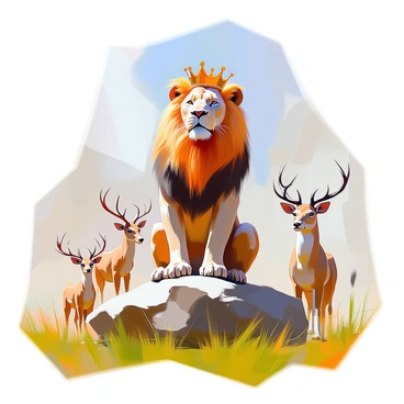 A majestic lion with a thick, golden mane sits proudly on a rock, signifying its status as the king of the animal kingdom. The lion is adorned with a detailed golden crown that rests atop its head, glimmering in the sunlight. Its sharp eyes gaze confidently into the distance, while its strong body reflects the power and authority of a ruler. Surrounding the lion are various animals, such as deer and birds, all looking up in reverence to their king. The scene is set in a lush, green savanna, with tall grass gently swaying in the breeze.