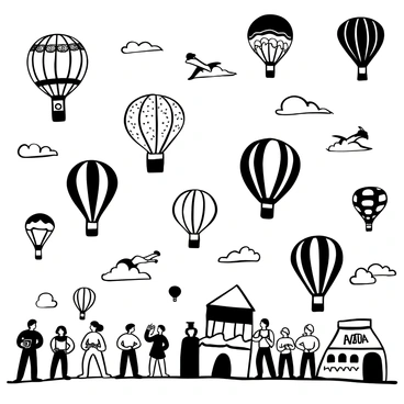 A sky filled with numerous hot air balloons of various shapes and designs, each balloon is intricately patterned. Some balloons are shaped like animals, while others resemble famous landmarks. The balloons are drifting gracefully against a backdrop of clouds, with a few balloons higher than others. Below, people are gathered, some looking up in awe and others taking photographs. There are stalls with colorful banners and decorations, adding to the festive atmosphere.