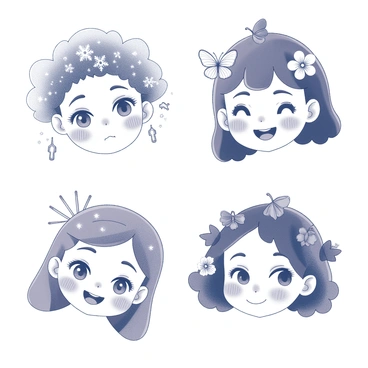 Four faces are illustrated, each representing a different season. The first face depicts "Winter," featuring delicate snowflakes and icicles integrated into the hair. The second face represents "Spring," adorned with blooming flowers and playful butterflies. The third face symbolizes "Summer," showcasing sun rays and waves interwoven into the design. Finally, the fourth face embodies "Autumn," surrounded by falling leaves and acorns. Each face has distinct facial expressions that reflect the essence of its respective season.