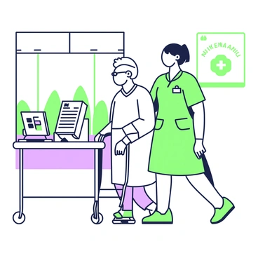 An NHS nurse is walking alongside a patient in a hospital ward. The nurse is wearing a green uniform with a name badge and comfortable shoes. The patient, who is elderly, is using a walker for support and wearing a hospital gown. There are medical charts and a monitoring device on a nearby table. The ward is well-lit with large windows revealing a view of trees outside. A poster with health information is hanging on the wall in the background.