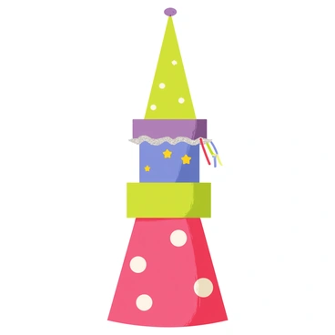 A stack of various shaped and colored birthday hats