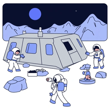 A lunar base with a flat, gray surface and a series of interconnected modules. The base has large windows and antennas on the roof. Three astronauts in white space suits are conducting experiments nearby. One astronaut is using a small tool on a rock, while another is collecting soil samples in a container. The third astronaut is observing the distant lunar landscape, which features rugged hills and craters. In the background, the Earth is visible as a small blue sphere in the black sky.